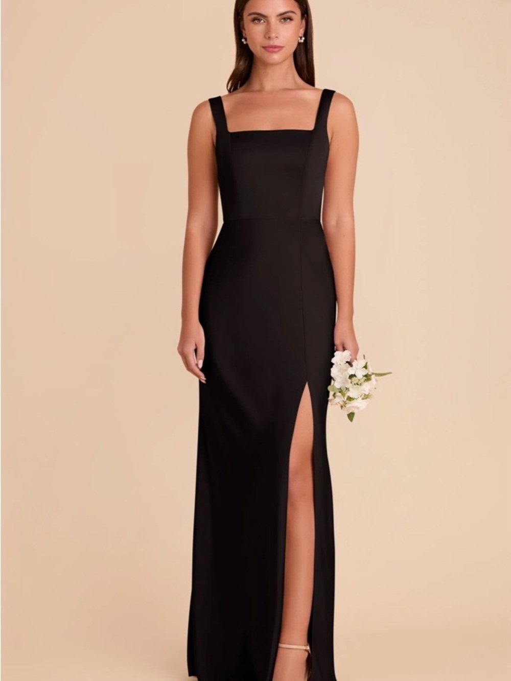 Square-Neck Black Maxi Dress with Side Slit